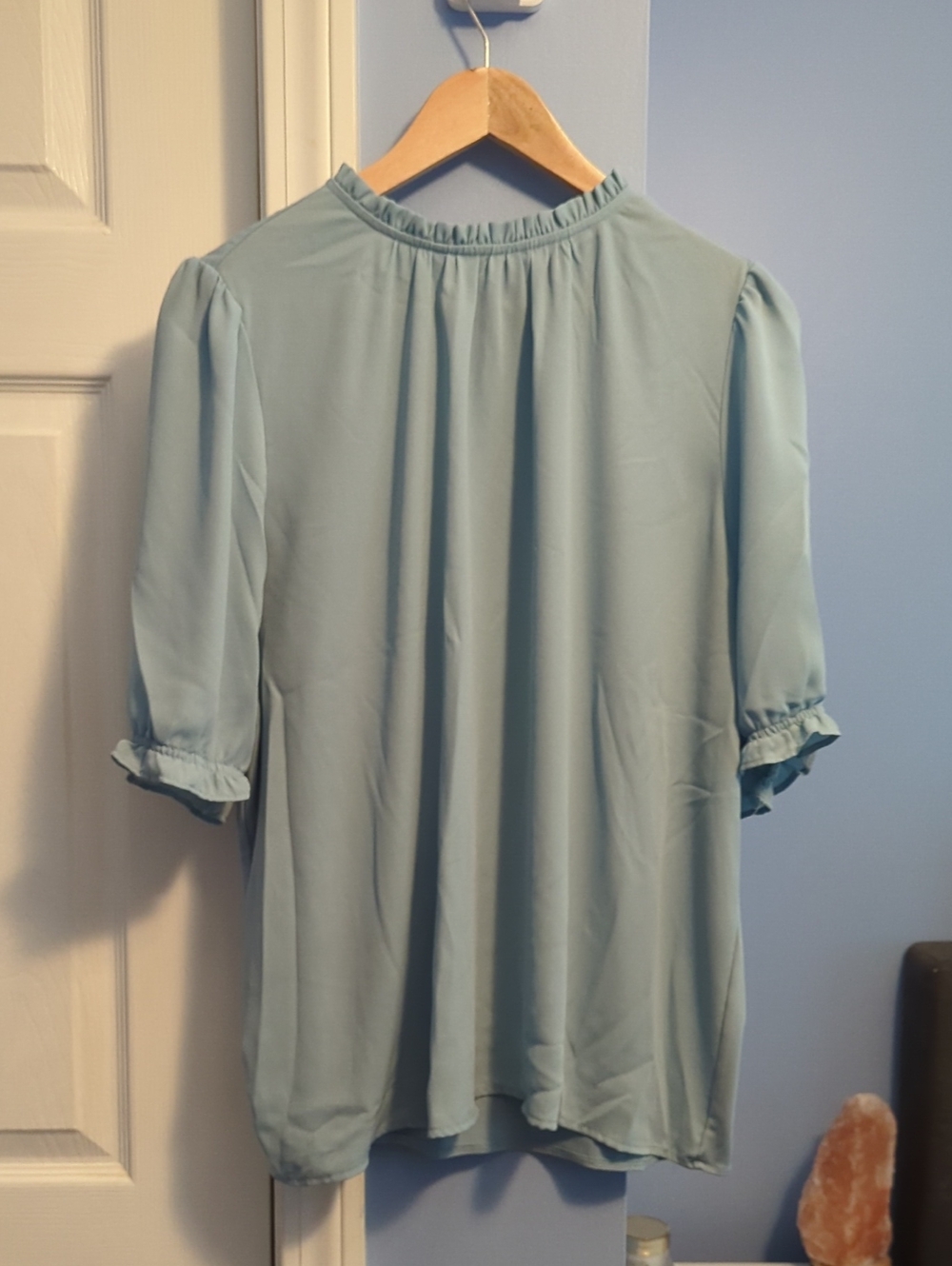 Ann Taylor Light Blue Ruffle-Trim Short Sleeve Blouse